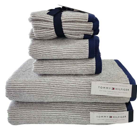Tommy Hilfiger 8pc Cotton Towel Set Bath Hand Washcloths White Navy Gray Striped - Picture 1 of 12